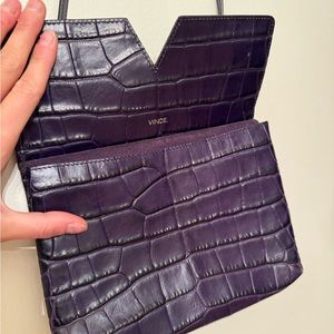 Vince dark purple crocodile embossed leather convertible crossbody clutch bag